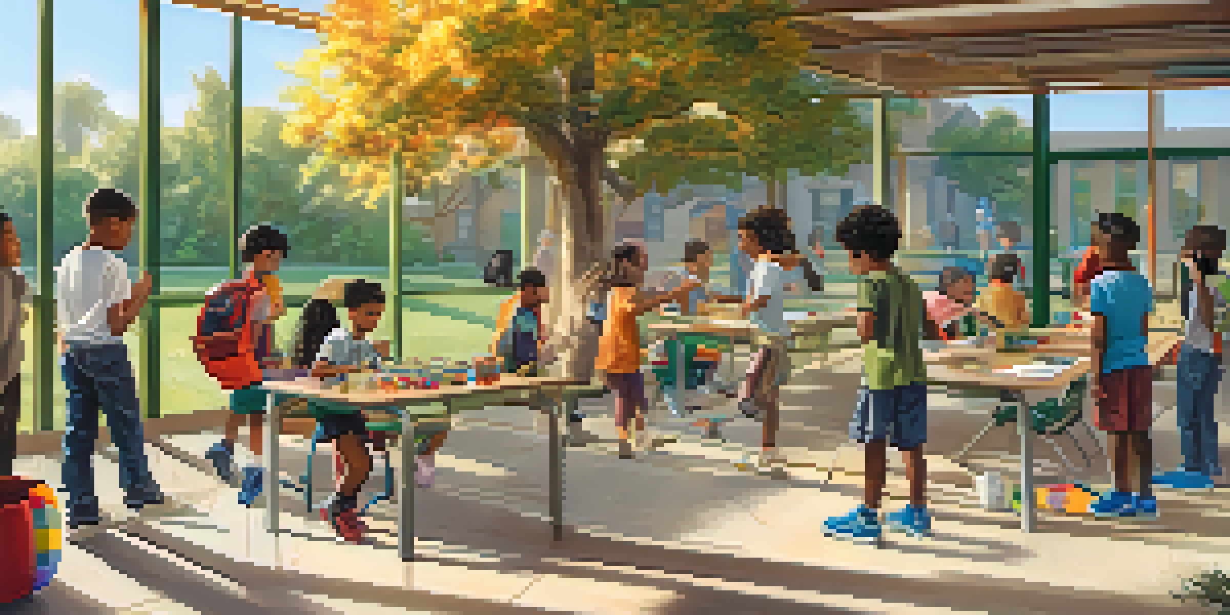 A lively after-school program in Pasadena with children involved in science projects and sports, under a sunny sky.