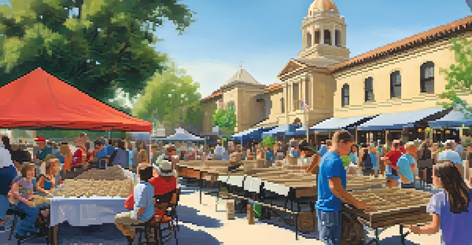 A community event with families participating in archaeology workshops, surrounded by historic buildings.