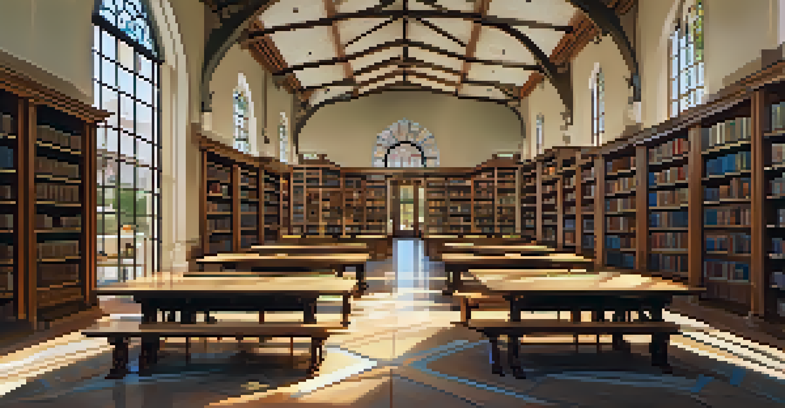 A bright reading room in a Spanish Revival library with vaulted ceilings, arched windows, and wooden tables filled with books.