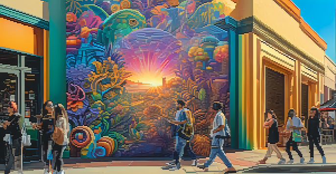 A colorful digital street art mural with surreal characters and people using smartphones to interact with augmented reality elements.