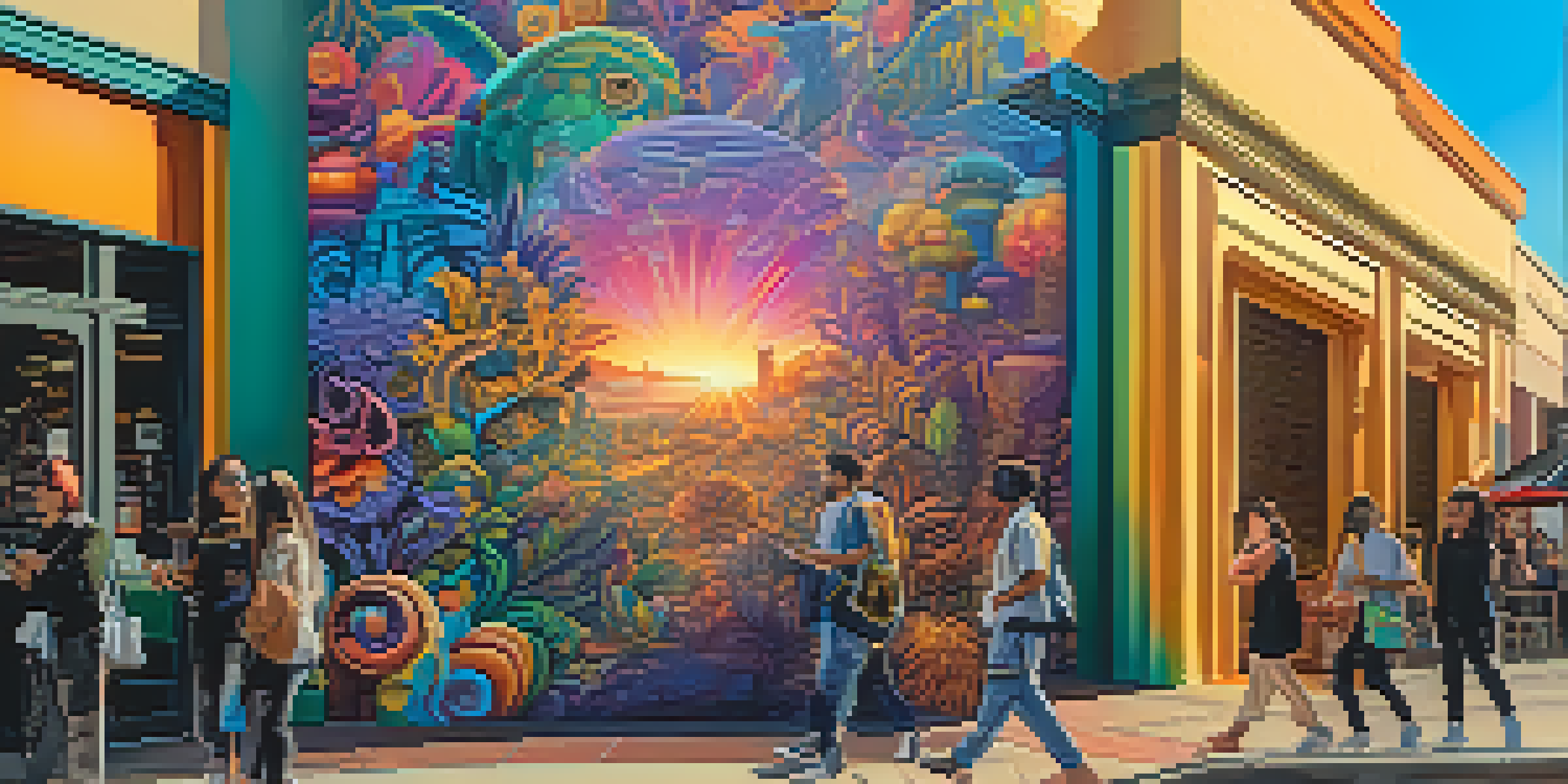 A colorful digital street art mural with surreal characters and people using smartphones to interact with augmented reality elements.