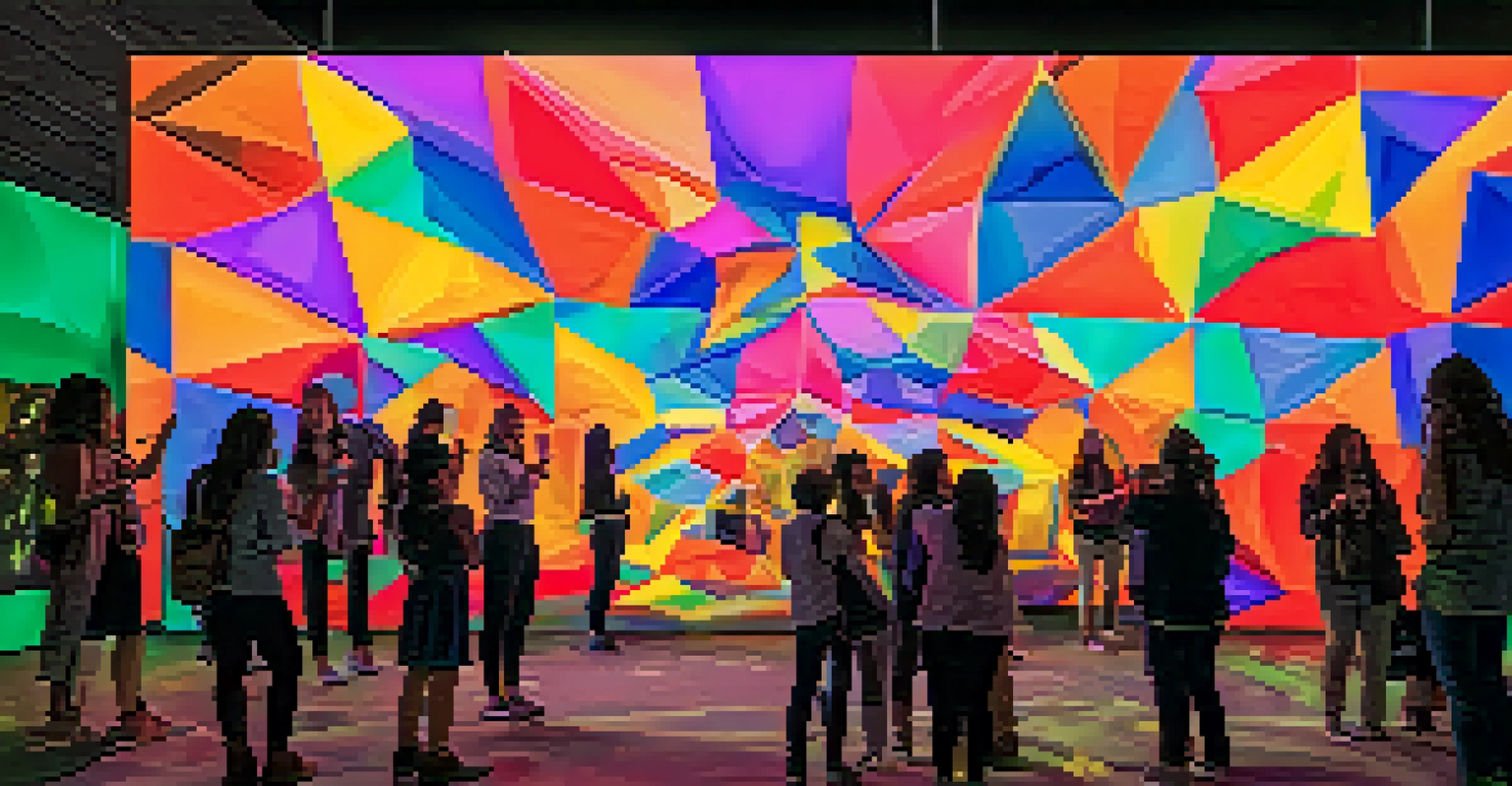 Visitors interacting with a colorful digital art installation at ArtNight Pasadena, showcasing the fusion of technology and creativity.