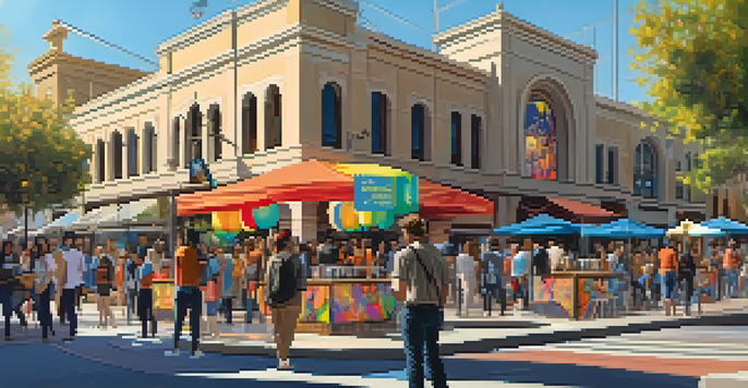 A lively street festival in Pasadena featuring colorful digital art installations and people interacting with the artworks.