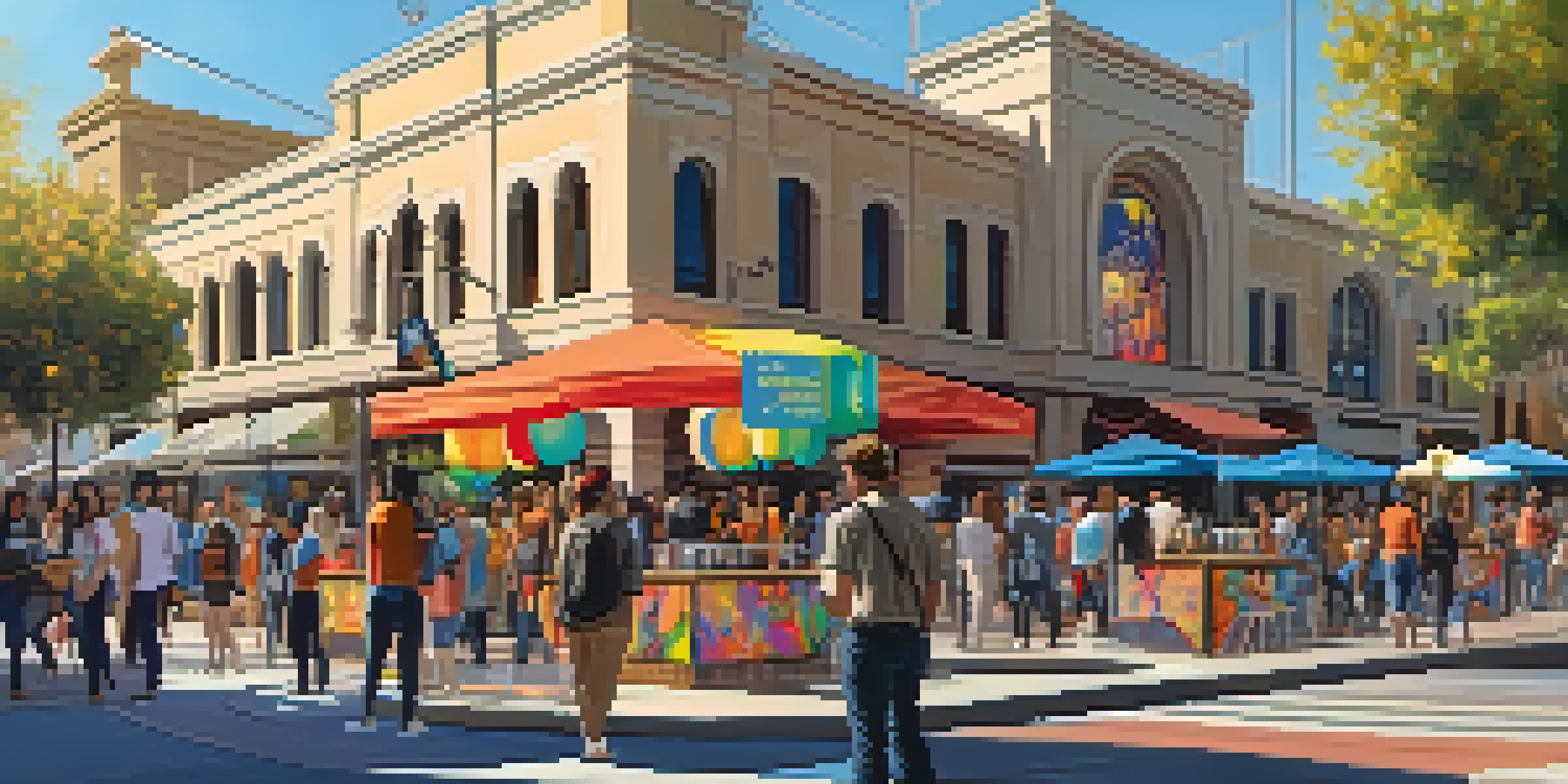 A lively street festival in Pasadena featuring colorful digital art installations and people interacting with the artworks.