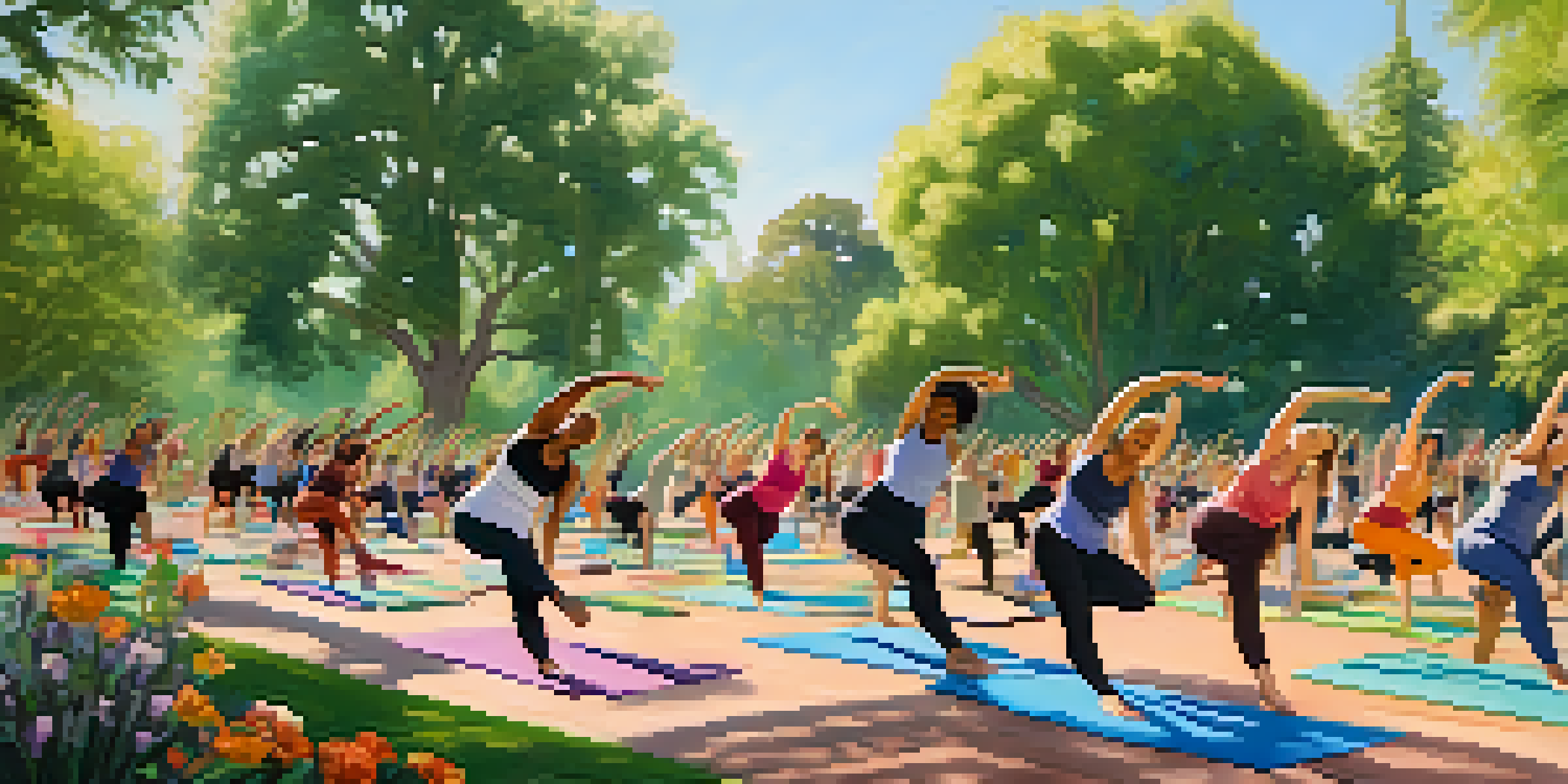 A lively group of people practicing yoga outdoors in a park, surrounded by greenery and flowers under a blue sky.