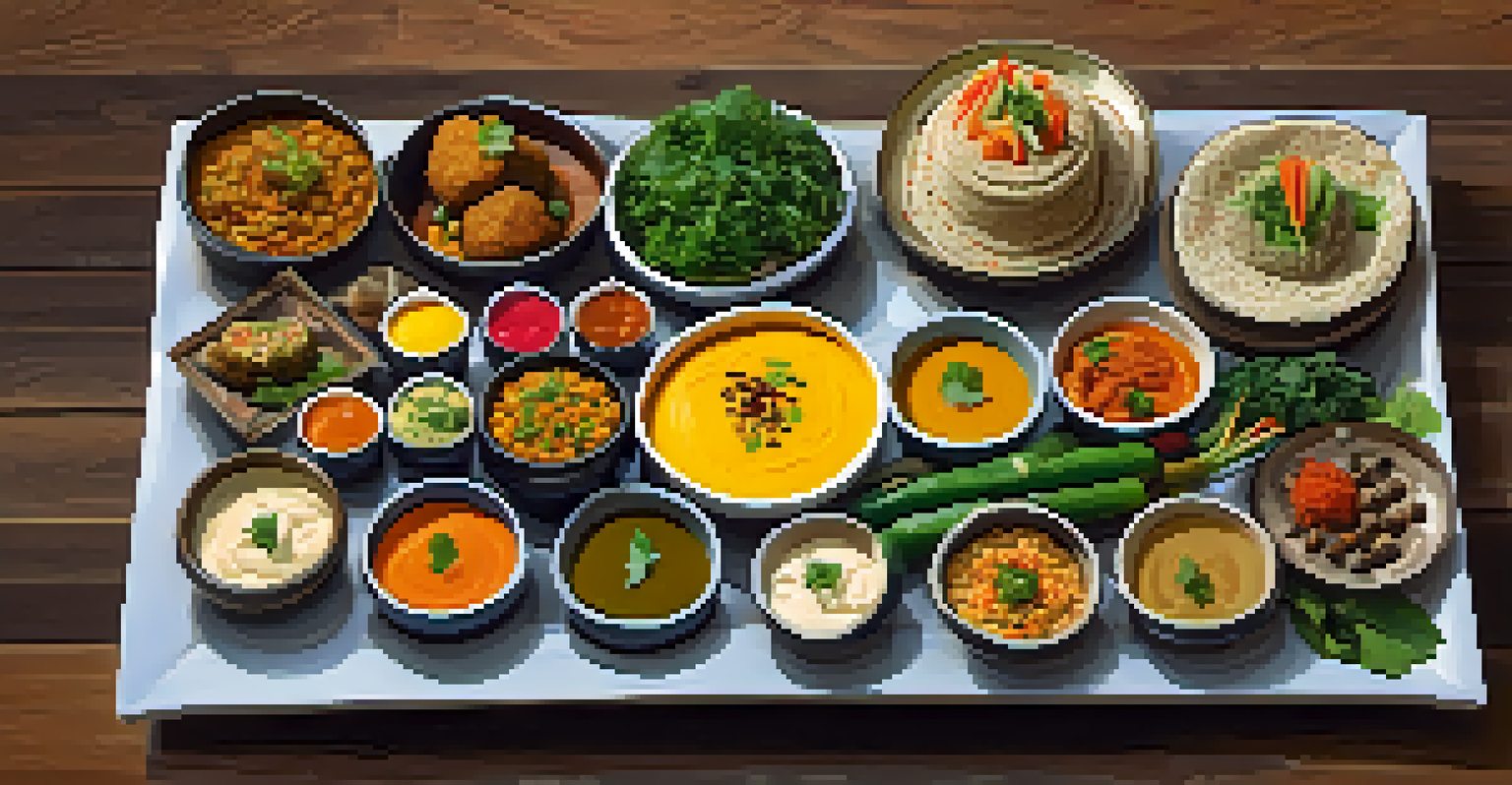 An elegant platter featuring a variety of international vegan dishes, beautifully arranged on a rustic wooden table.