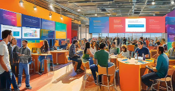 A lively tech conference in Pasadena with diverse attendees engaging in discussions and colorful booths from local startups.