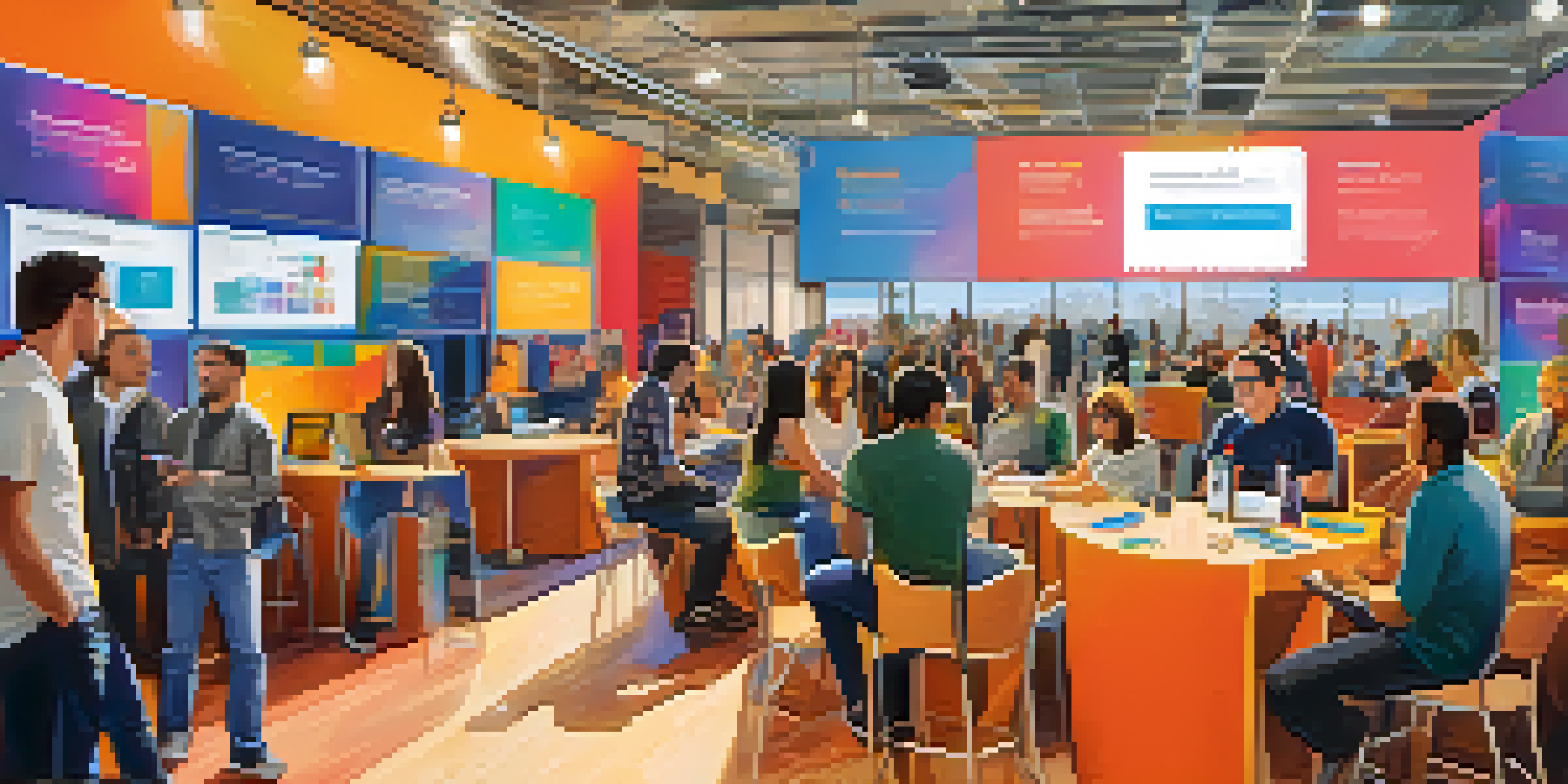 A lively tech conference in Pasadena with diverse attendees engaging in discussions and colorful booths from local startups.
