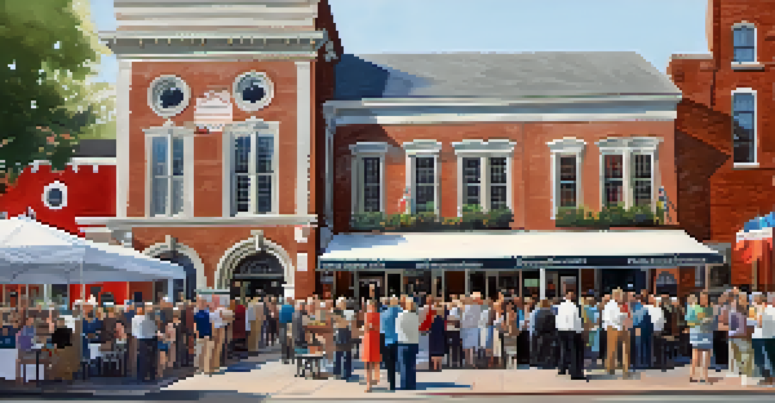 A community gathering for the Historic Preservation Awards in front of a restored building, with banners and people socializing.