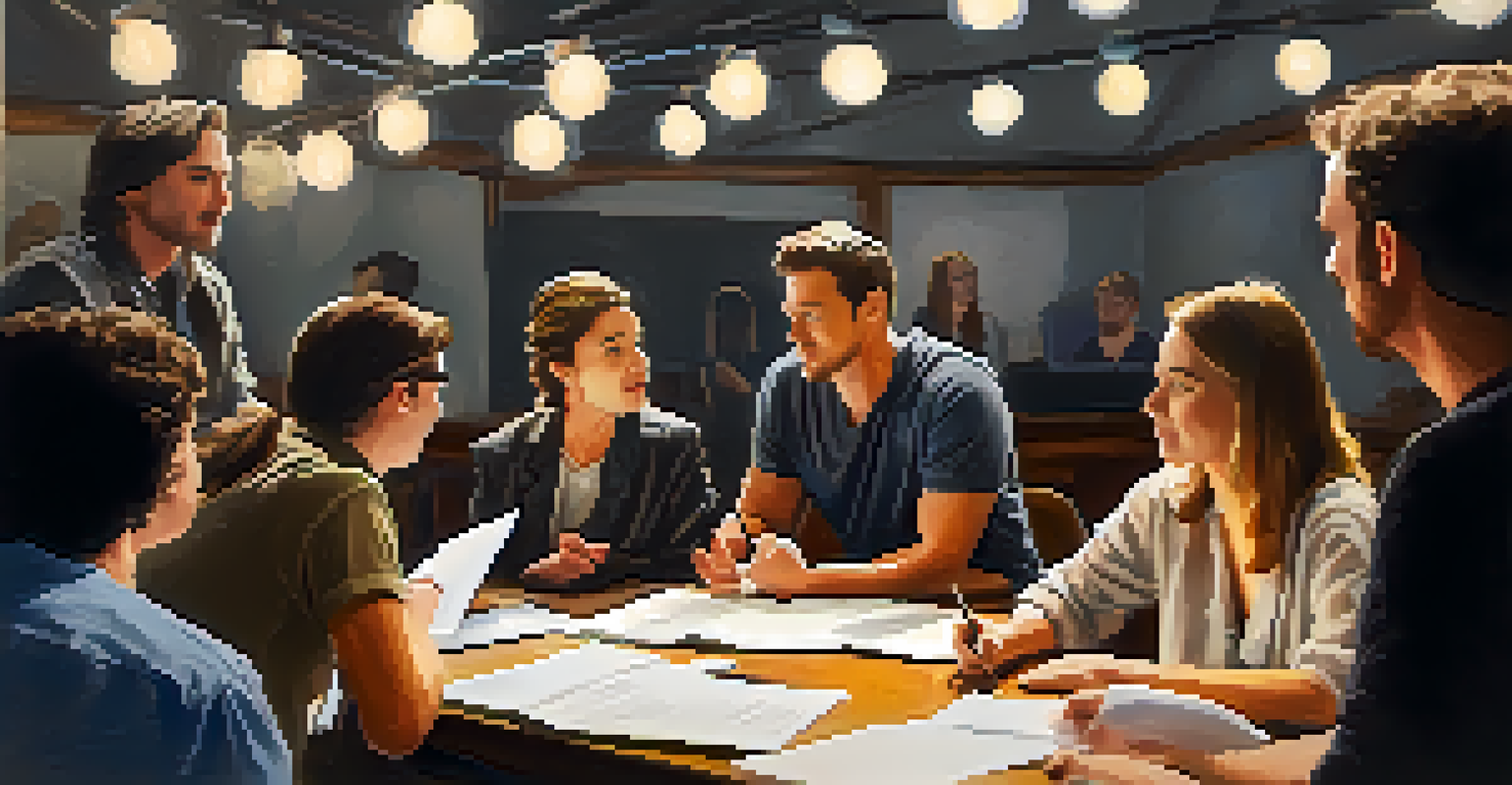 A rehearsal setting at the Pasadena Playhouse with a director coaching actors, surrounded by scripts and set designs.