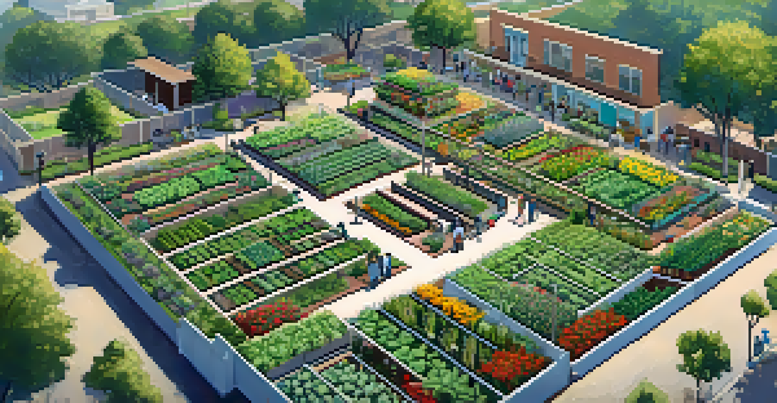 An overhead view of a community garden in Pasadena with people gardening and interacting, surrounded by colorful plants and organized plots.