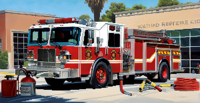 Volunteers from Pasadena's Volunteer Fire Department participating in a training drill, with a bright blue sky and a red fire truck in the background.
