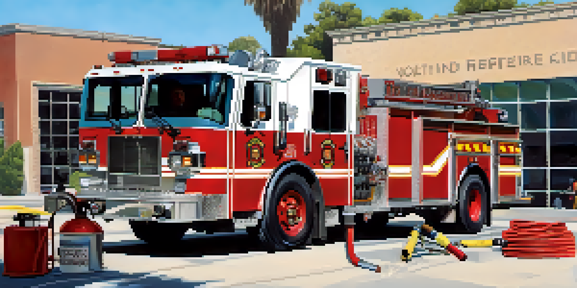 Volunteers from Pasadena's Volunteer Fire Department participating in a training drill, with a bright blue sky and a red fire truck in the background.