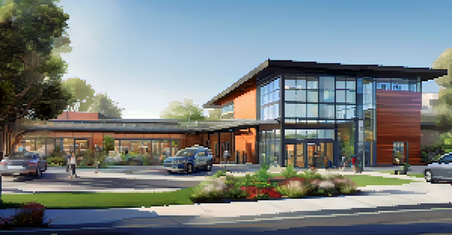 Modern Pasadena fire station with solar panels and a green garden, set against a clear blue sky.