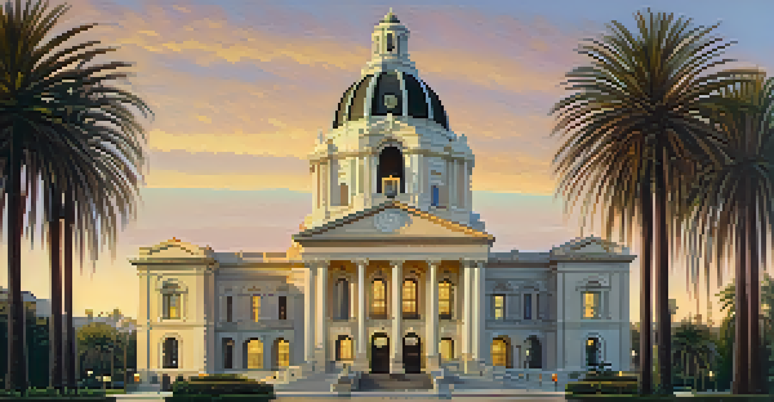 Pasadena City Hall, an iconic Beaux-Arts structure, illuminated at sunset with palm trees in the foreground.