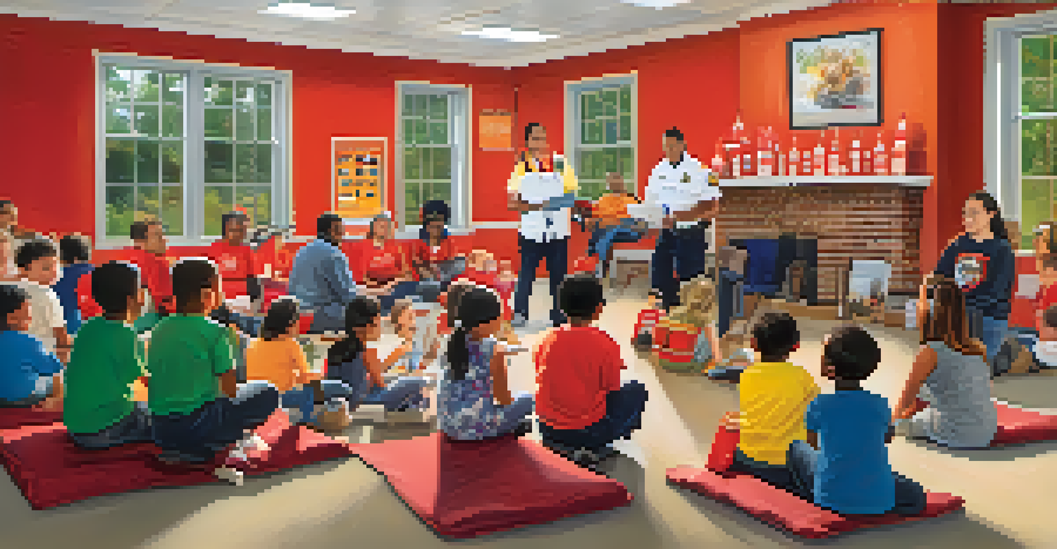 Volunteer firefighters conduct a fire safety workshop with residents, demonstrating important techniques in a community center.