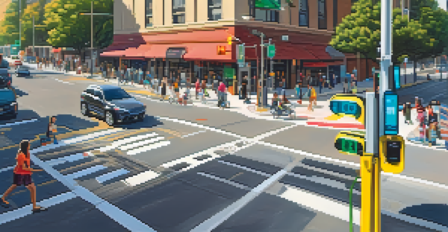 A smart traffic signal at a bustling intersection in Pasadena, showing countdown timers and diverse pedestrians, including those with mobility aids.