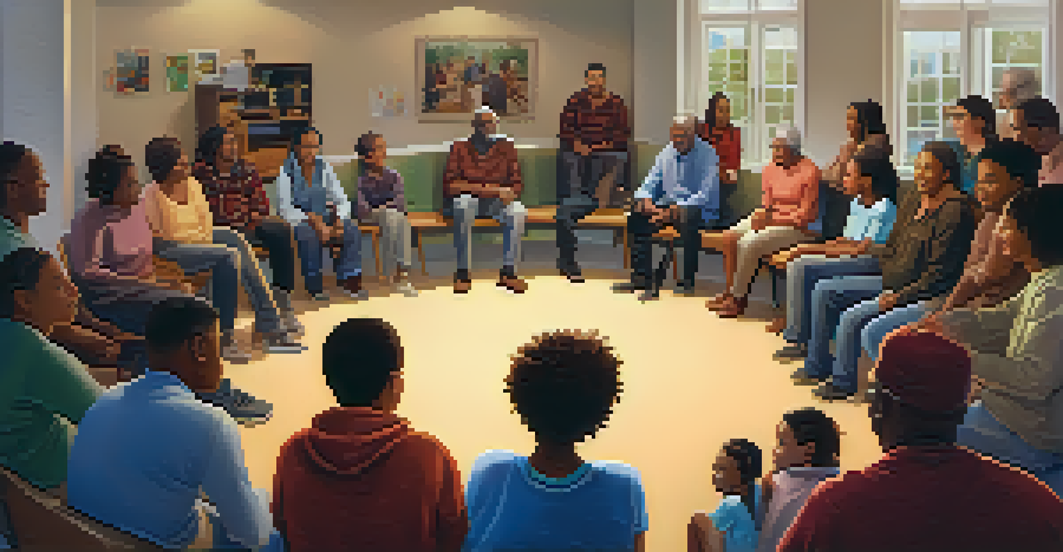A support group meeting in a community center, with diverse individuals sitting in a circle, sharing and listening to each other in a warm, inviting space.