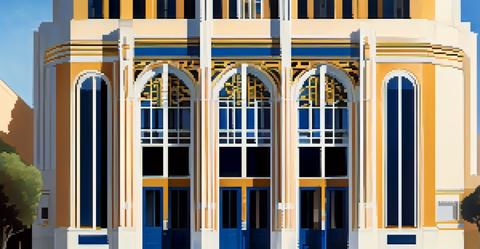 A beautiful Art Deco library in Pasadena with geometric patterns and vibrant colors, illuminated by warm sunlight.