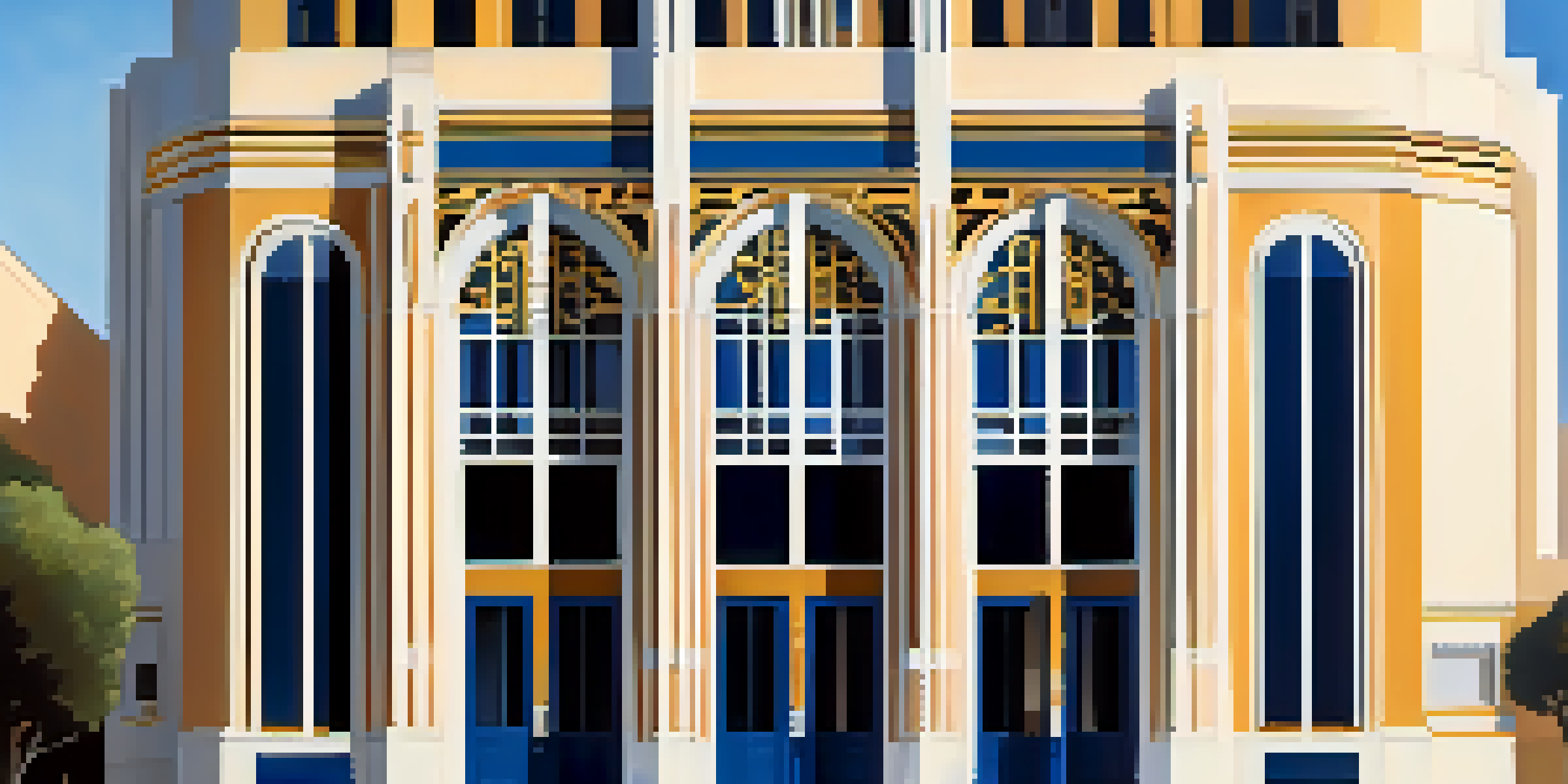 A beautiful Art Deco library in Pasadena with geometric patterns and vibrant colors, illuminated by warm sunlight.