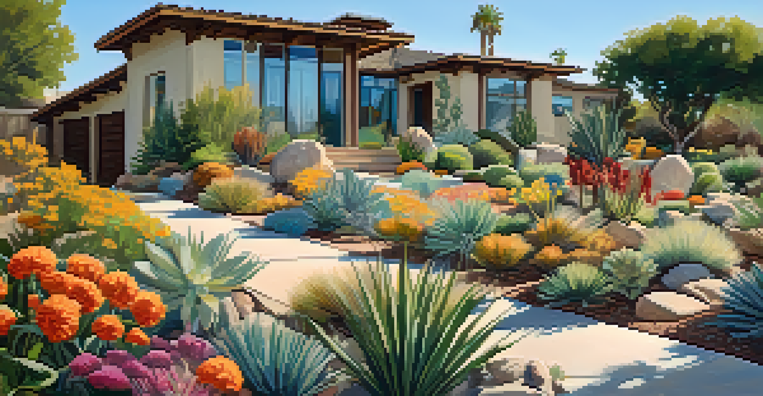 A transformed Pasadena landscape showcasing drought-tolerant plants and xeriscaping techniques in a sunny environment.