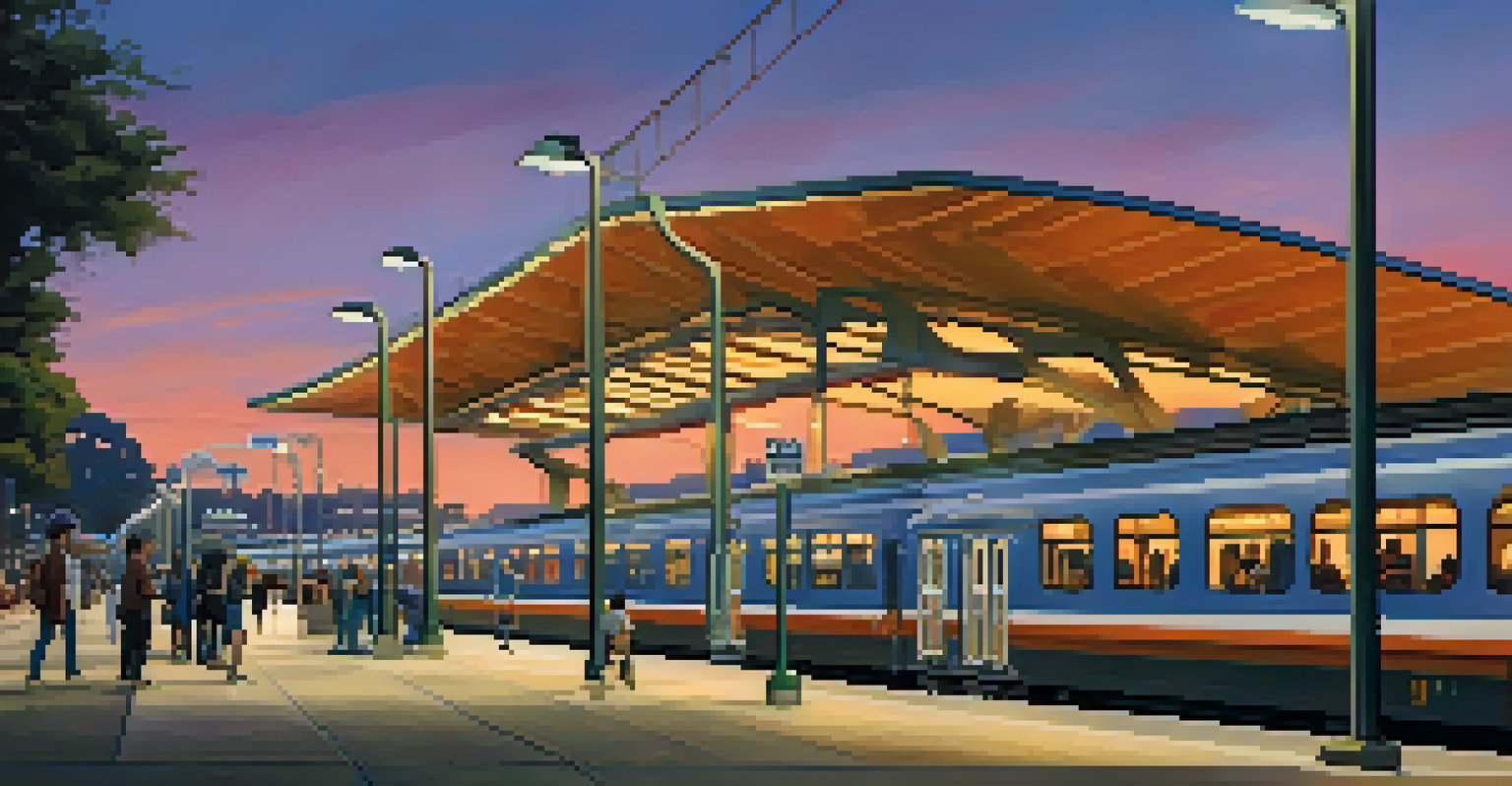 A modern train station in Pasadena at dusk, featuring commuters waiting under soft ambient lighting against a twilight sky.