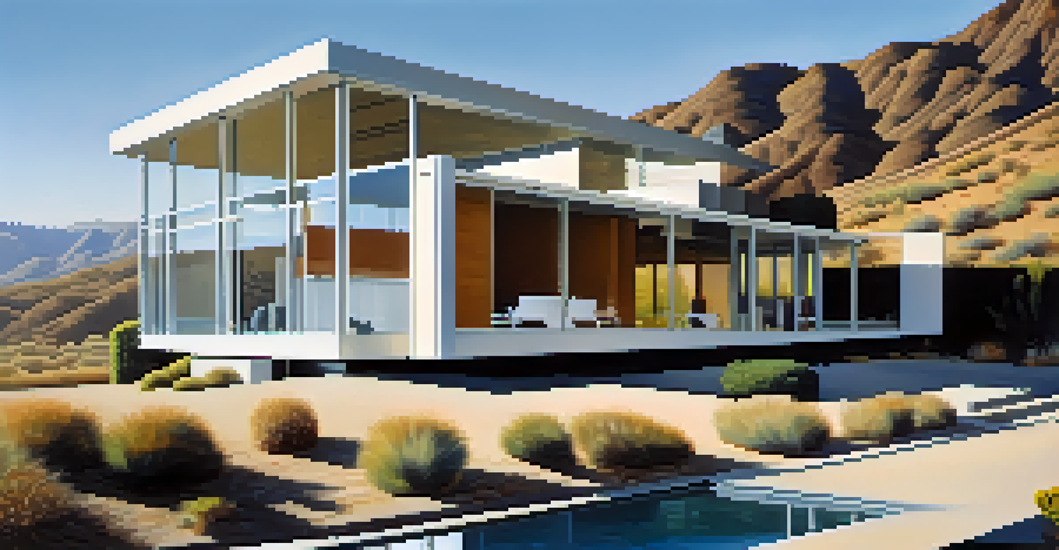 A close-up view of the Kaufmann House with its steel and glass design, highlighting the light and shadow effects against a blue sky.