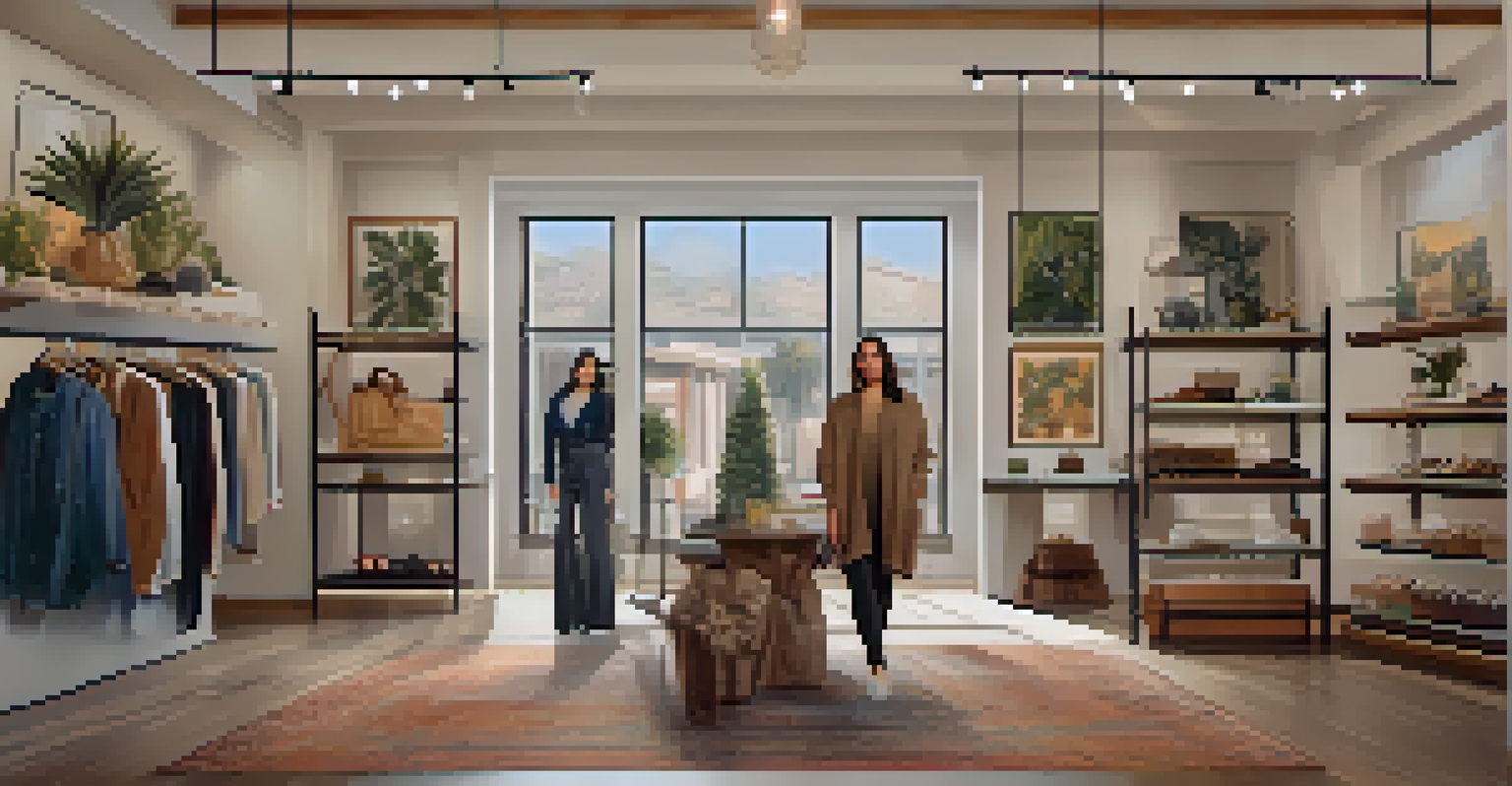 A local designer and influencer in a cozy boutique, displaying a diverse range of inclusive fashion pieces.
