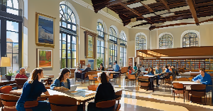 A lively library interior in Pasadena with people reading and discussing, large windows letting in sunlight, and colorful art on the walls.