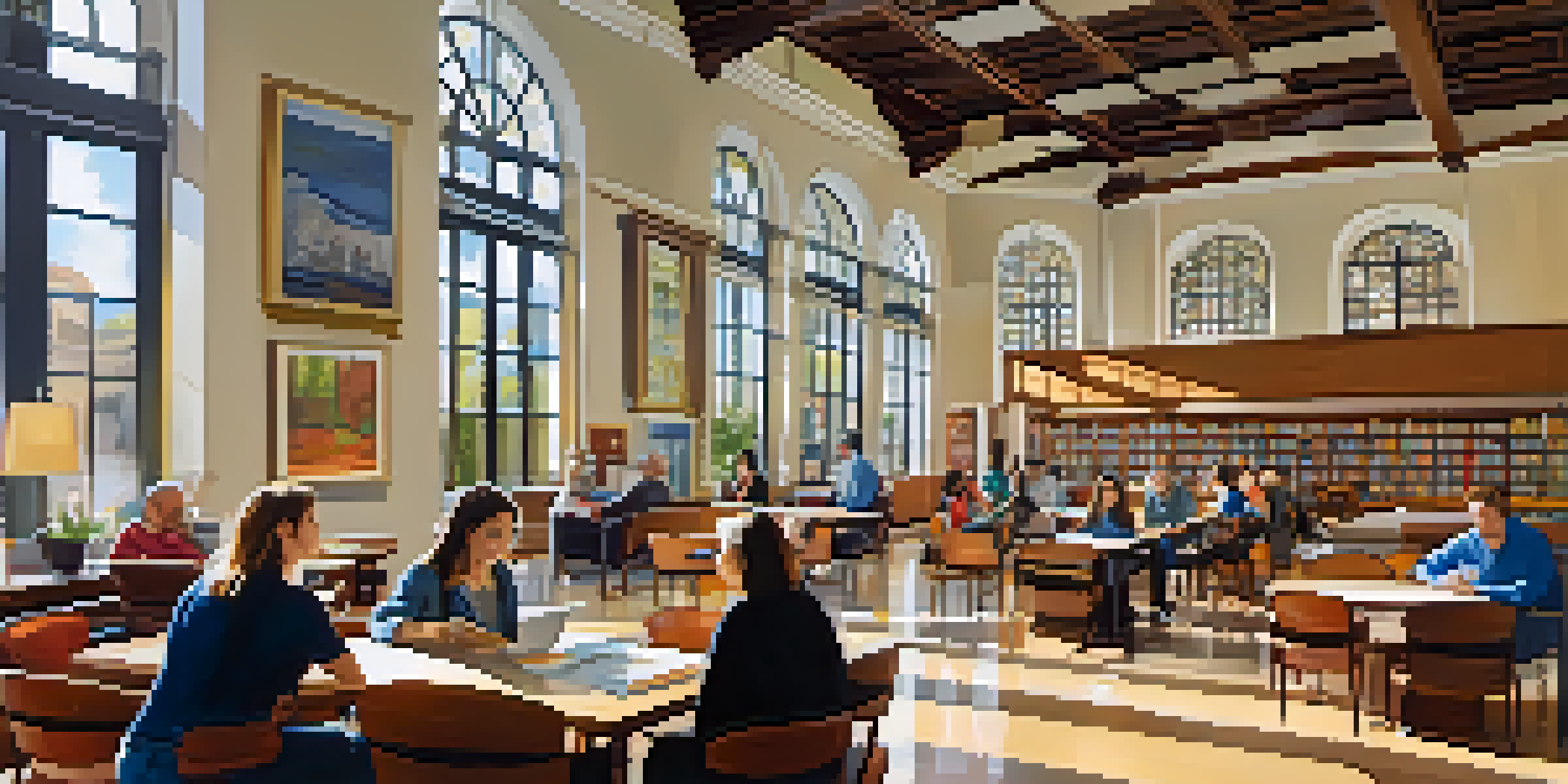 A lively library interior in Pasadena with people reading and discussing, large windows letting in sunlight, and colorful art on the walls.