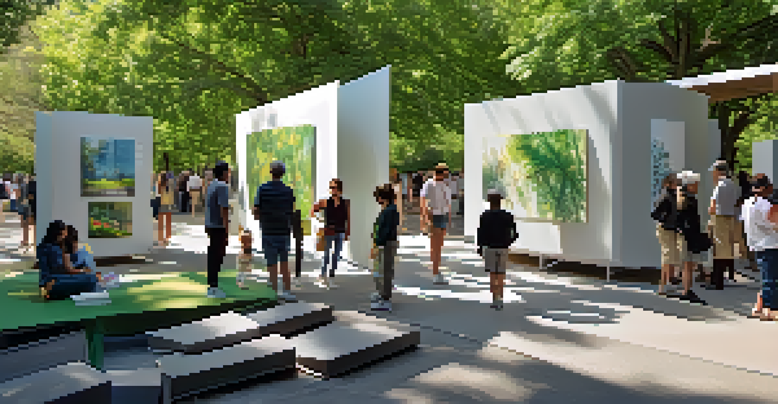 An outdoor pop-up gallery in a park displaying large sculptures made from recycled materials, with visitors engaging with the art under the sun-dappled trees.