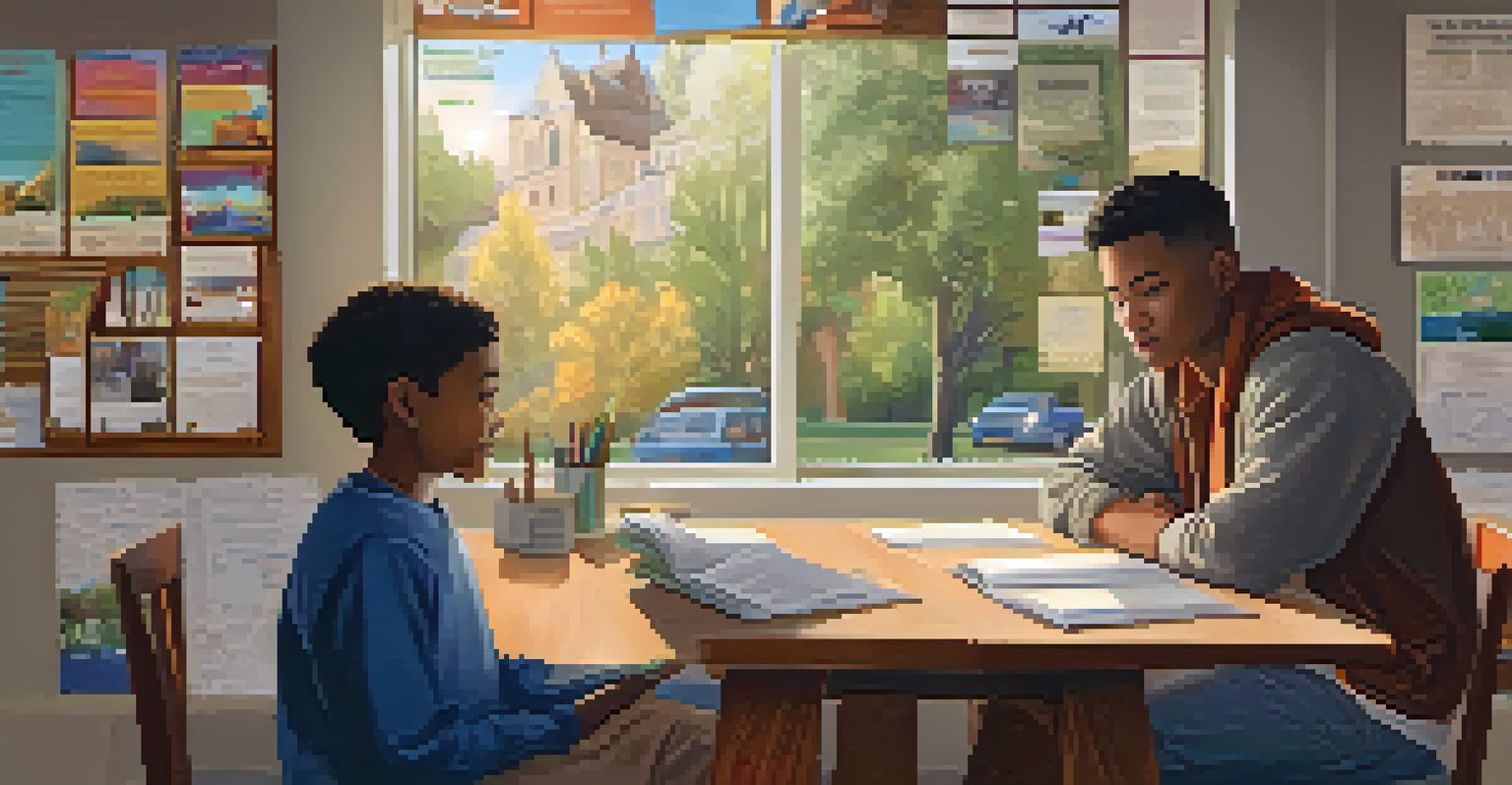 A mentor guiding a young student in a warm community space, surrounded by educational materials.