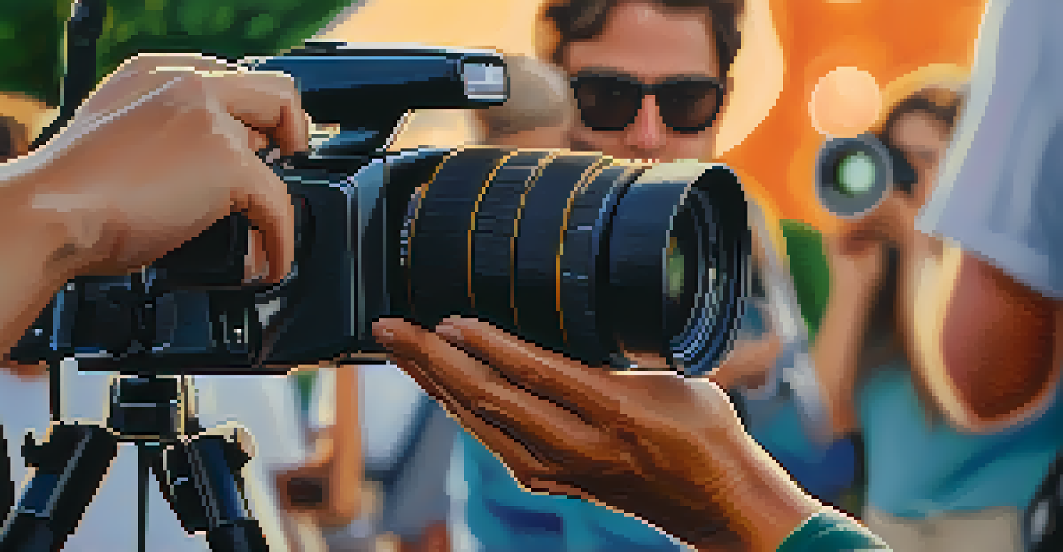 A close-up of a filmmaker using a camera at an outdoor event in Pasadena, with a warm evening light and blurred background.