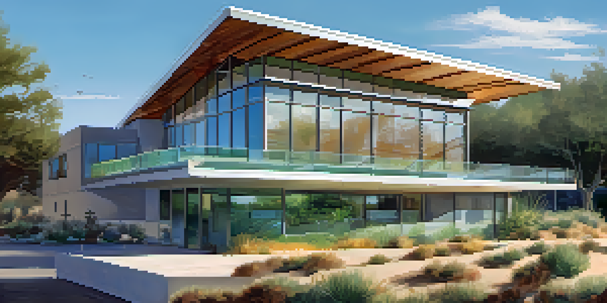 A modern building in Pasadena with a green roof and solar panels, surrounded by drought-resistant plants and under a clear blue sky.