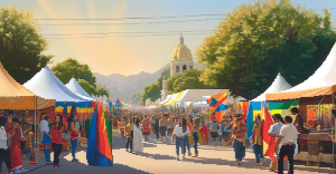 A lively Pasadena cultural festival with people celebrating Indigenous heritage, colorful tents, and traditional crafts.