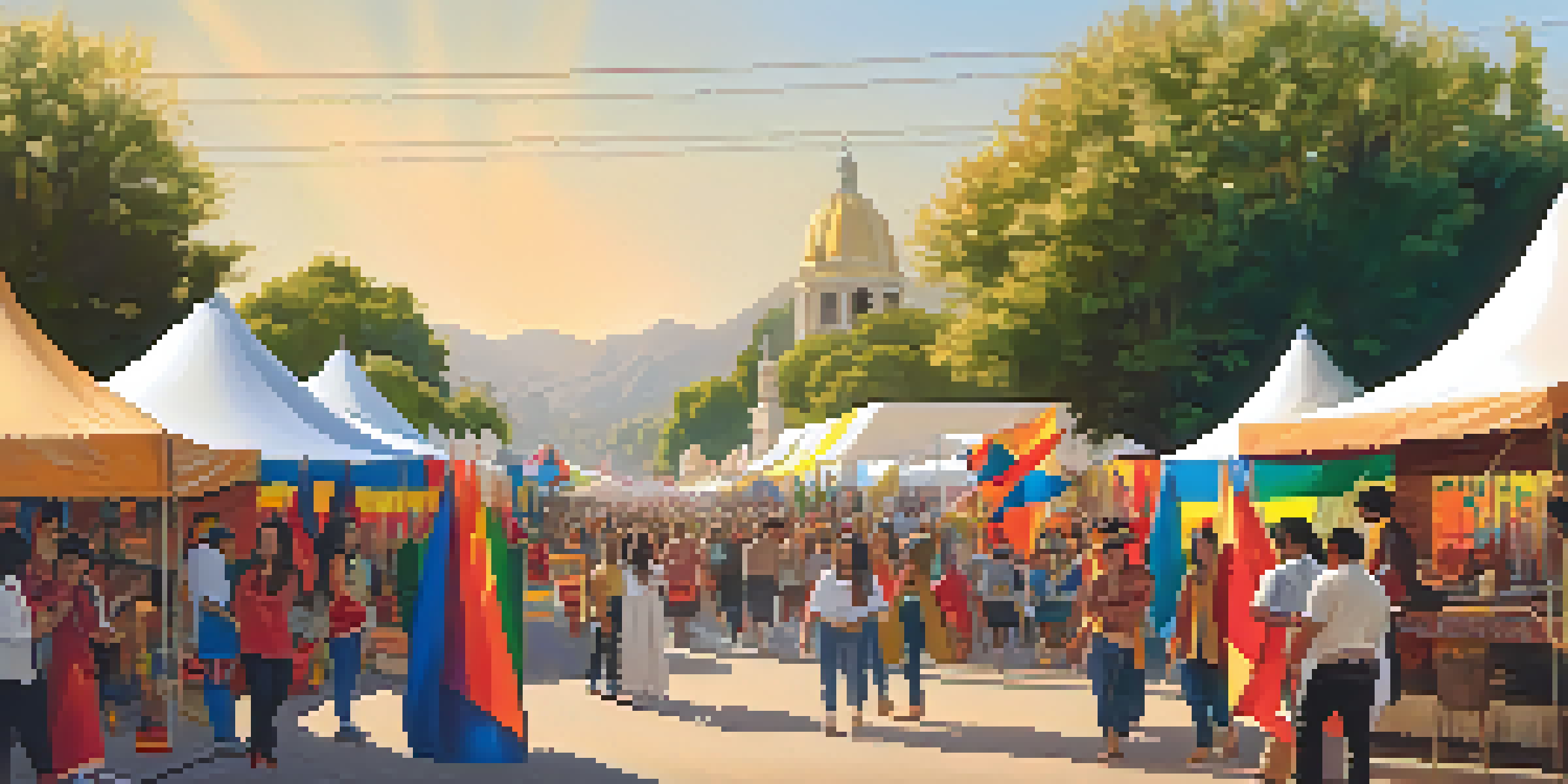 A lively Pasadena cultural festival with people celebrating Indigenous heritage, colorful tents, and traditional crafts.