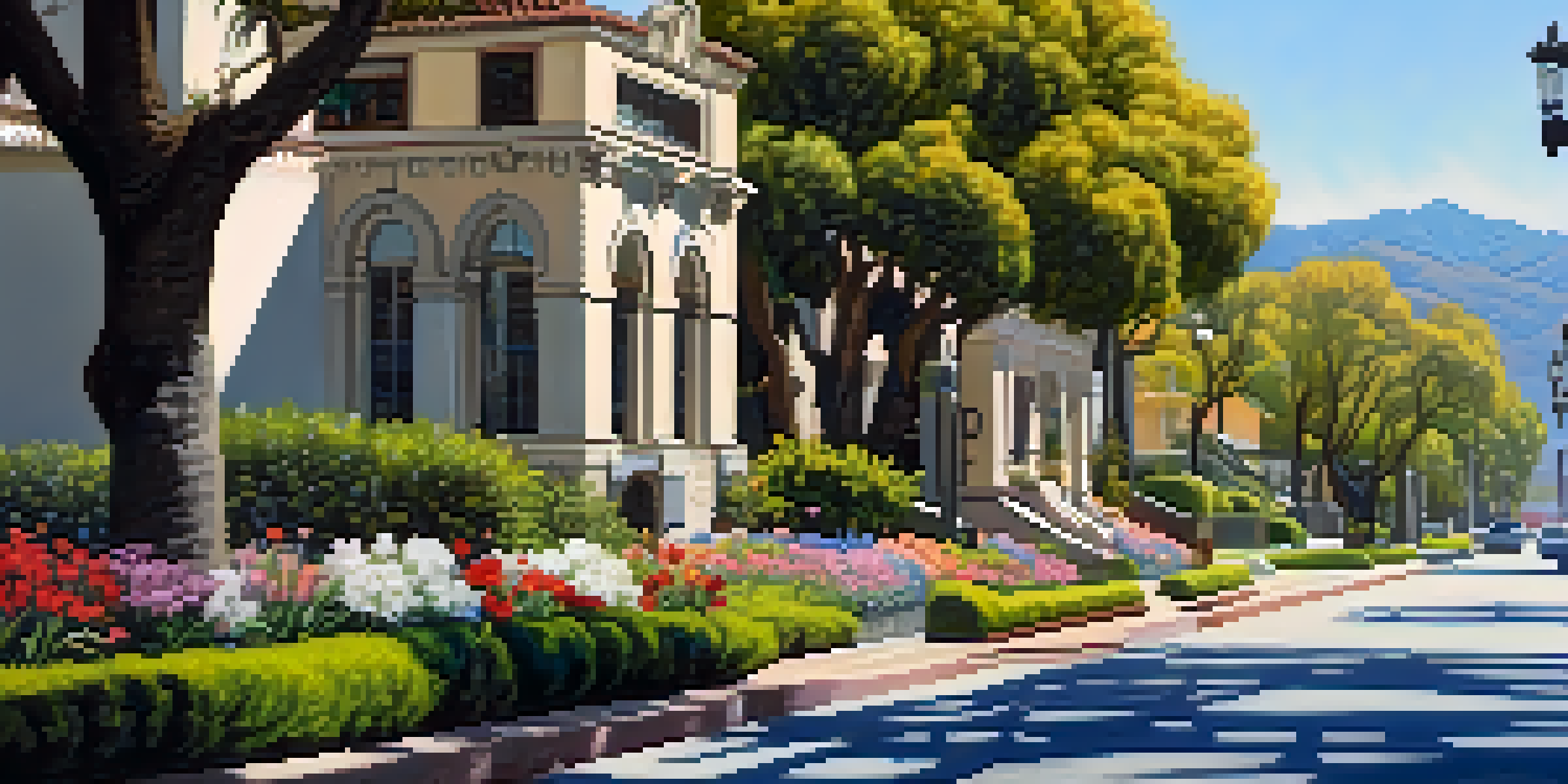 A sunny street in Pasadena showcasing historic architecture and blooming flowers under a clear blue sky.