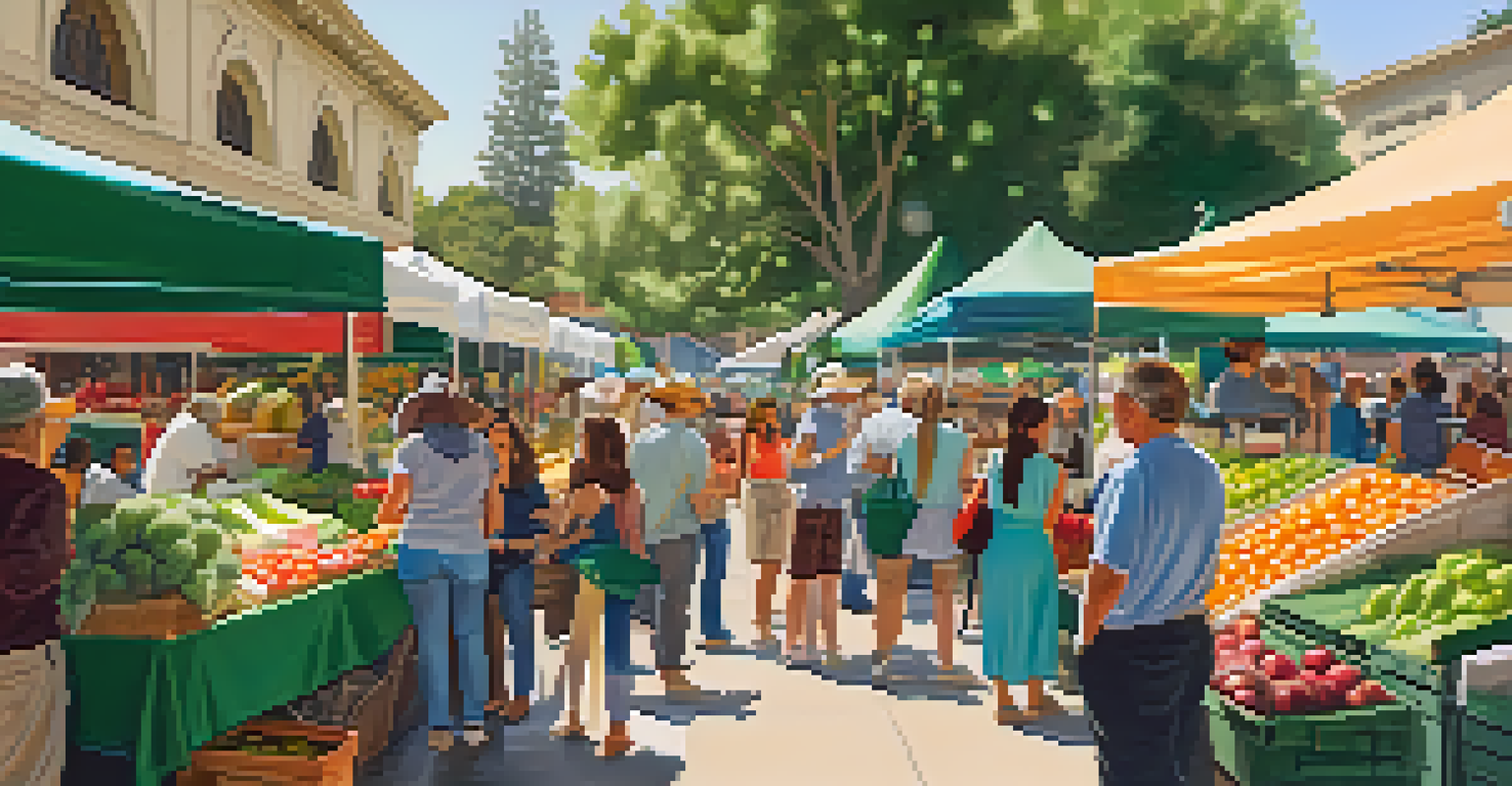 A vibrant farmers' market in Pasadena with colorful stalls of fresh produce and local vendors engaging with families under a sunny sky.