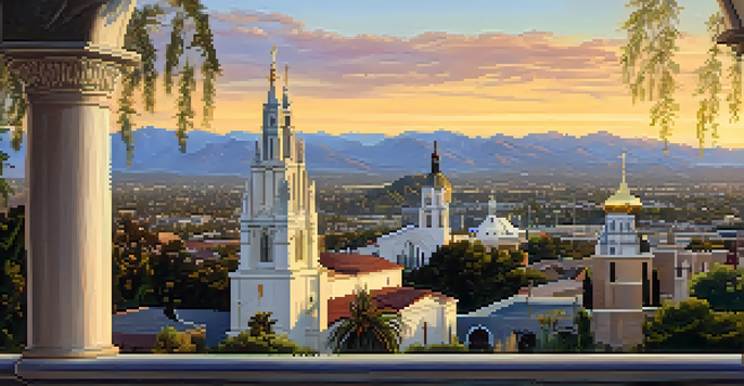 A sunset view of Pasadena's skyline featuring diverse church architectural styles, illuminated by golden light.