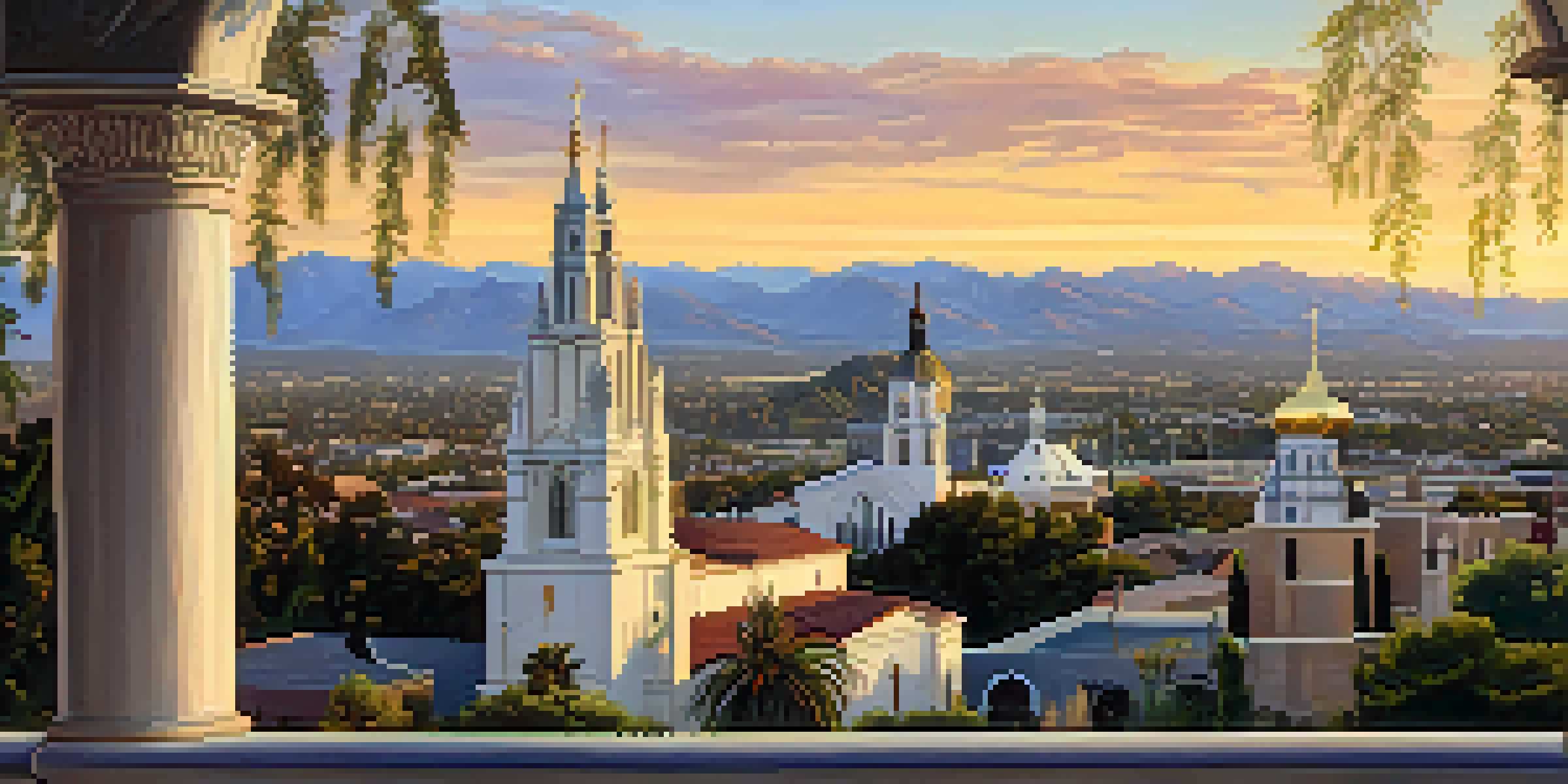 A sunset view of Pasadena's skyline featuring diverse church architectural styles, illuminated by golden light.