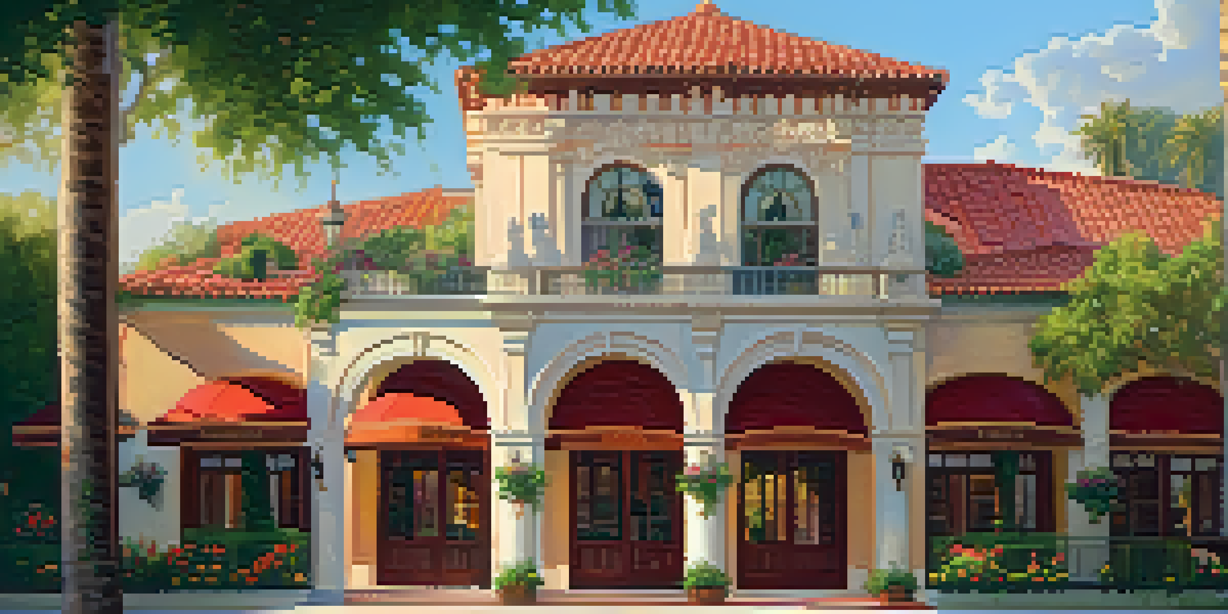Exterior view of the Pasadena Playhouse, highlighting its Mediterranean Revival architecture with warm sunlight and lush greenery.