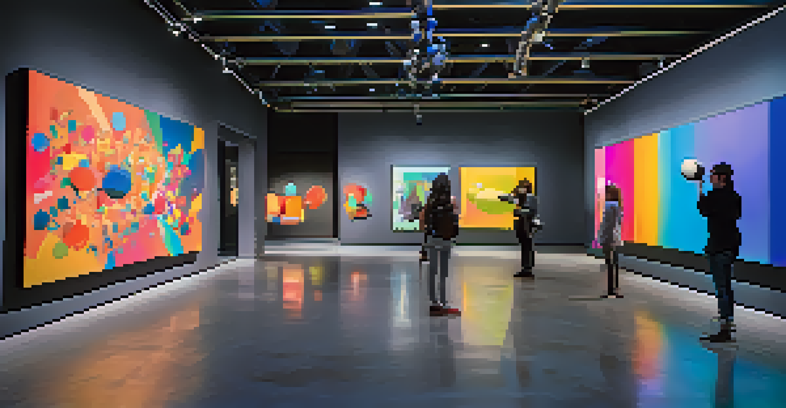 Visitors using augmented reality in a modern museum, interacting with a vibrant digital art installation.