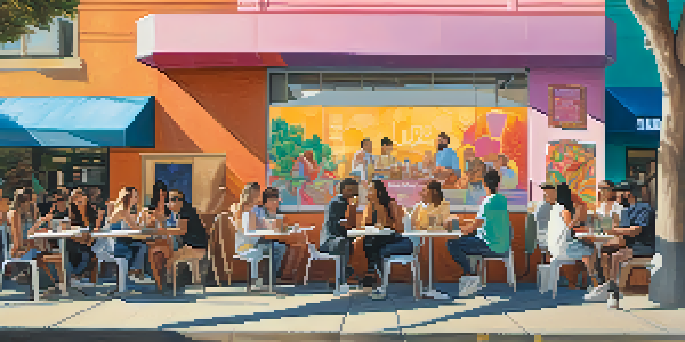 A group of digital influencers posing in front of a colorful mural in Pasadena, with a lively street scene and café ambiance.