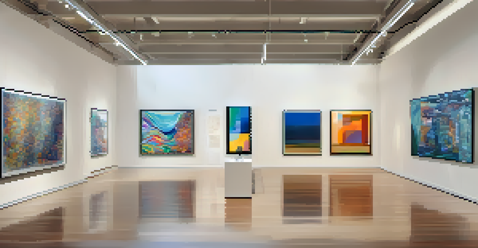 Inside a contemporary art gallery in Pasadena, showcasing various artworks including abstract paintings and sculptures, illuminated by natural light.