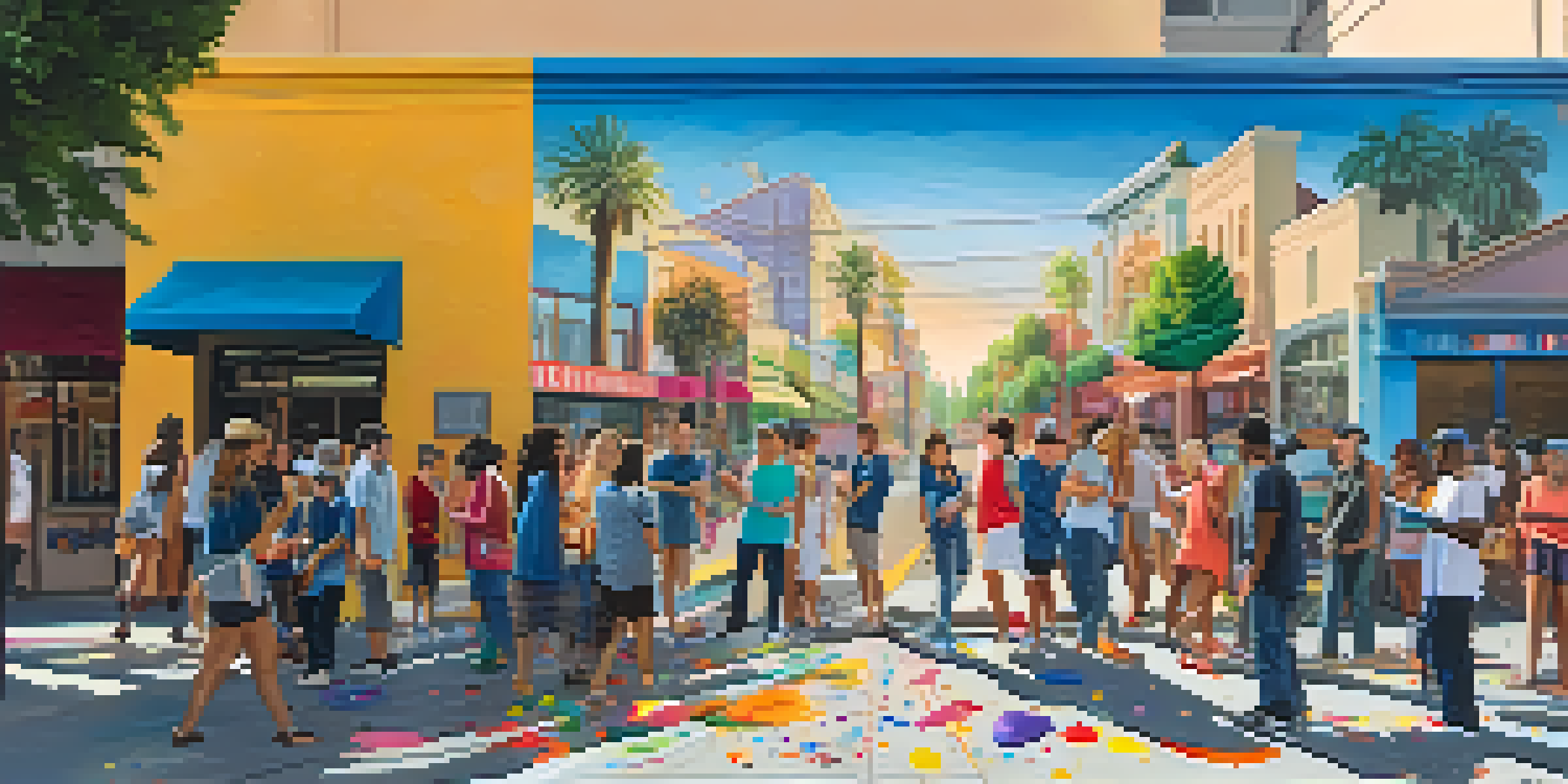 A group of artists collaborating on a large mural in Pasadena, with vibrant colors and various art styles.