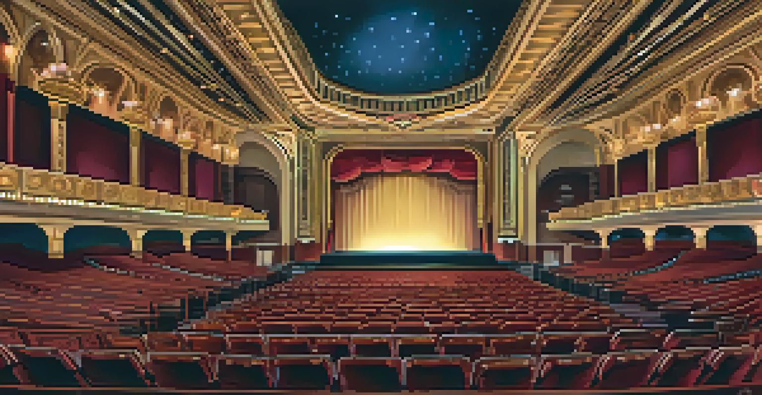 Interior view of the Fox Theatre showcasing Art Deco design, featuring a grand chandelier and plush velvet seats, bathed in warm light.