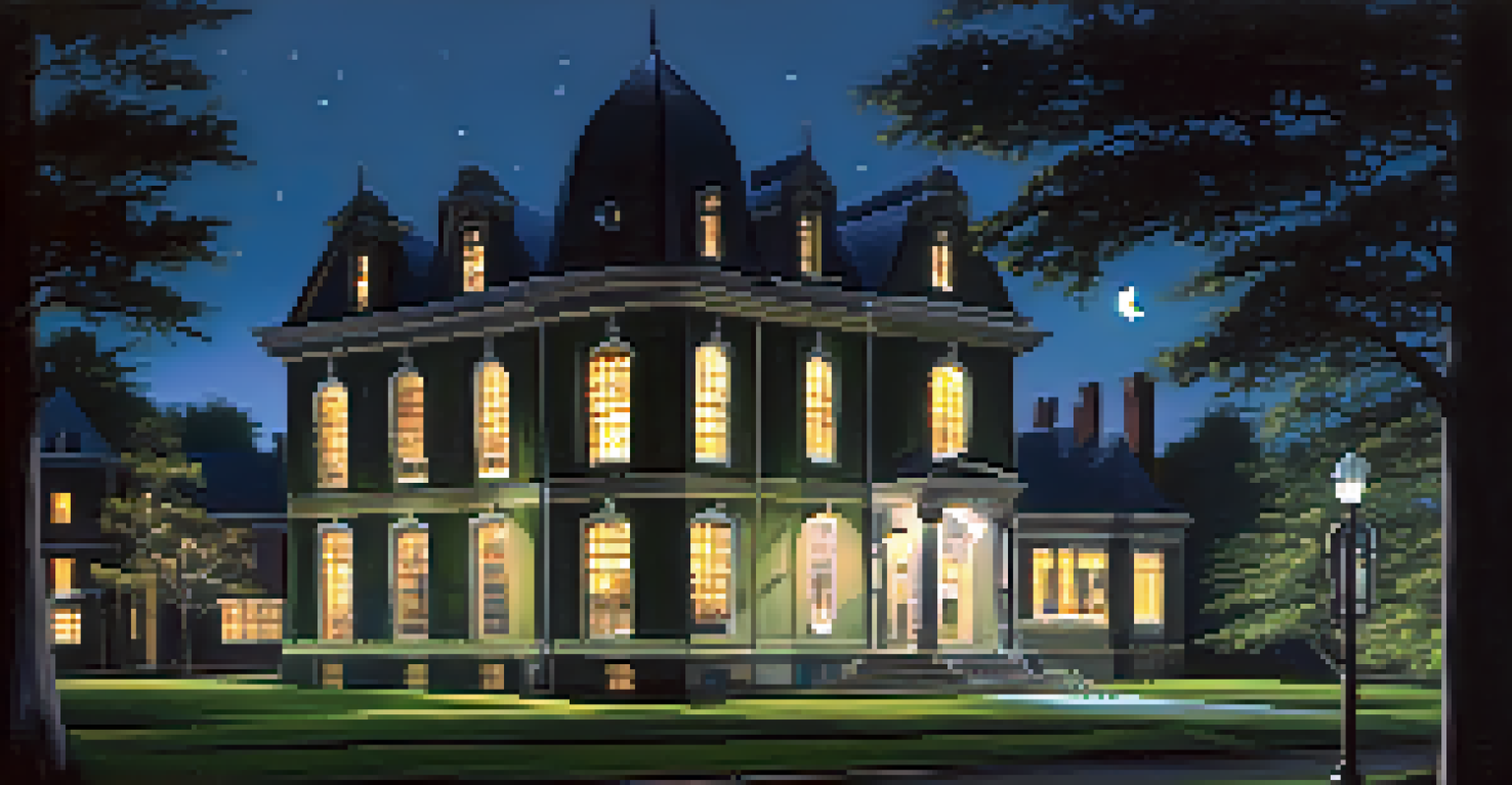 Night view of Castle Green illuminated with soft lights, surrounded by trees and moonlight.