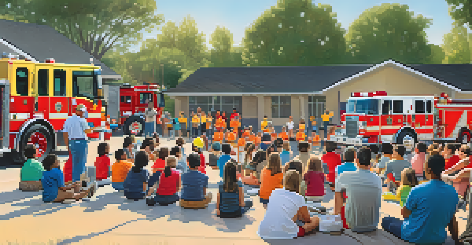 A diverse group of residents attending a fire safety workshop led by volunteer firefighters in a modern community center.