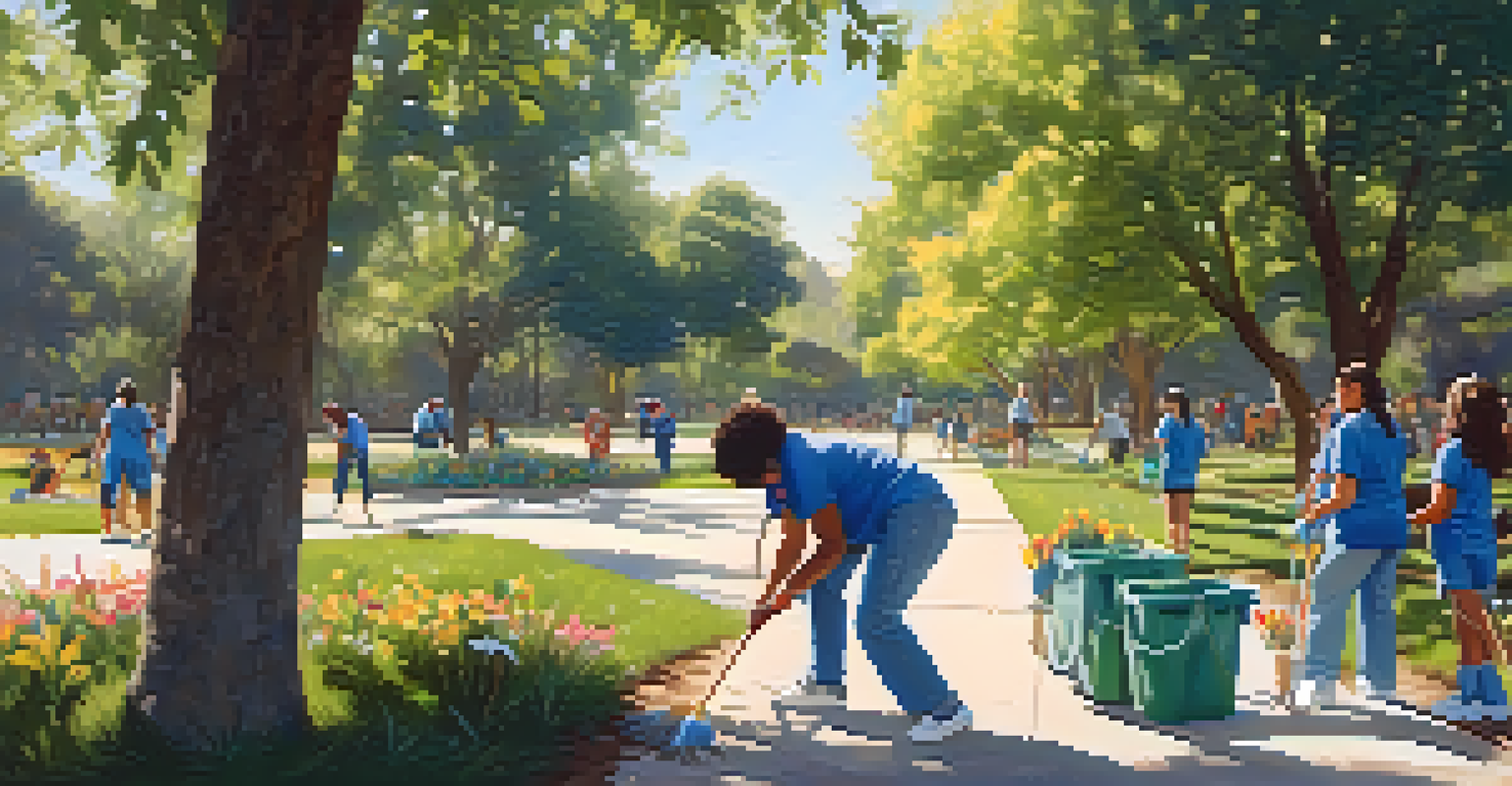 Volunteers in Pasadena working together during a community clean-up event in a park, with sunlight filtering through the trees.