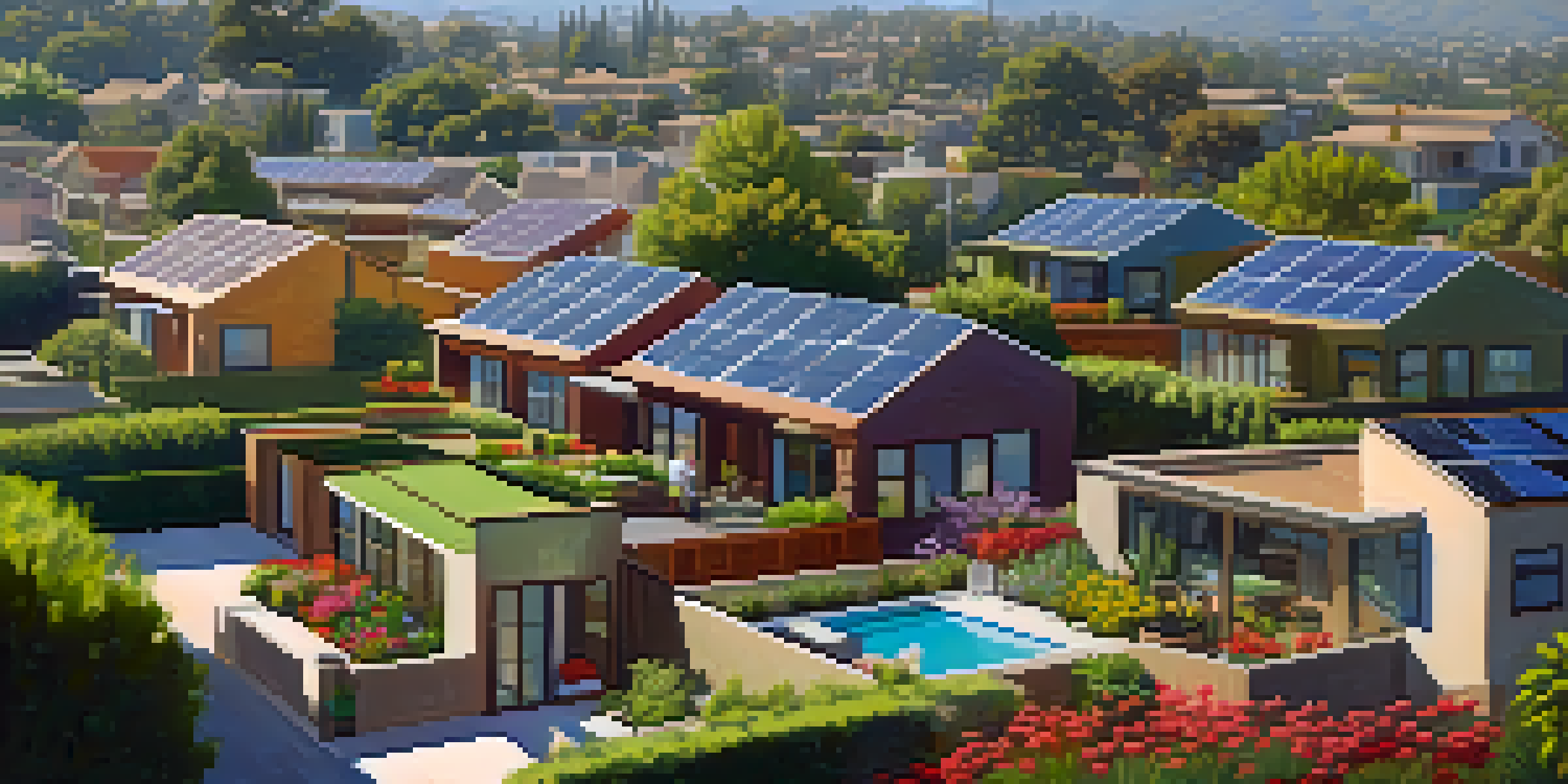 A sunny Pasadena neighborhood with solar panels on rooftops and colorful flowers in a lush garden.